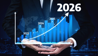 A businessman stands confidently, showcasing a bar graph with growth projections from 2023 to 2026, symbolizing financial trends and future investment strategies. Tessel