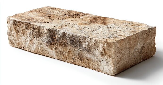 Rectangular, light brownish-tan stone block. Textured surface with variations in tone and slight, irregular, roughness. Isolated against a plain white background - Powered by Adobe