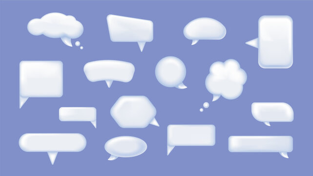 Speech bubbles 3d elements set in realistic render design. Collection of white empty chat box frames, dialogue balloons, messages and chatting shapes, round or square templates. Vector illustration.