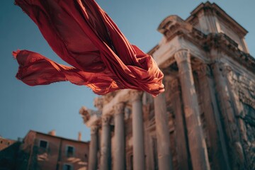 Red fabric billows in front of ancient Roman ruins