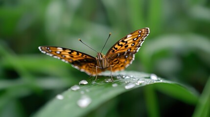 Obraz premium A butterfly hovering over a water droplet on a blade of grass, styled for delicacy