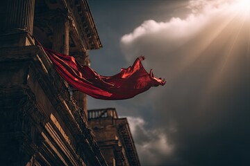 Dramatic red fabric billows from an ancient-looking building
