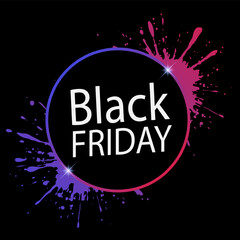 Bold vector black friday banner with vibrant pink-purple gradient paint splashes and sparkling stars on dark background for promotional designs