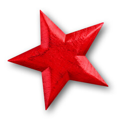 Red wooden Christmas Star with shadow on white background