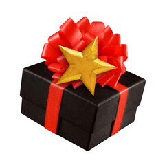 Black gift box with red ribbon and golden star isolated on white background