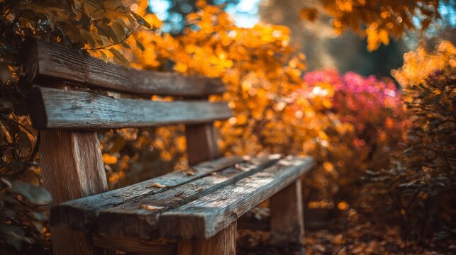 Weathered wooden bench in autumn garden setting, warm hues of gold, red & pink leaves softly blurred