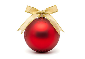 Red christmas ornament with gold bow close up glossy reflective surface on transparent background
