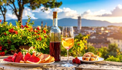 Savoring the sweet life outdoors with fine wines, delectable pastries, and fresh fruit, perfectly set on a scenic balcony overlooking a charming historic city