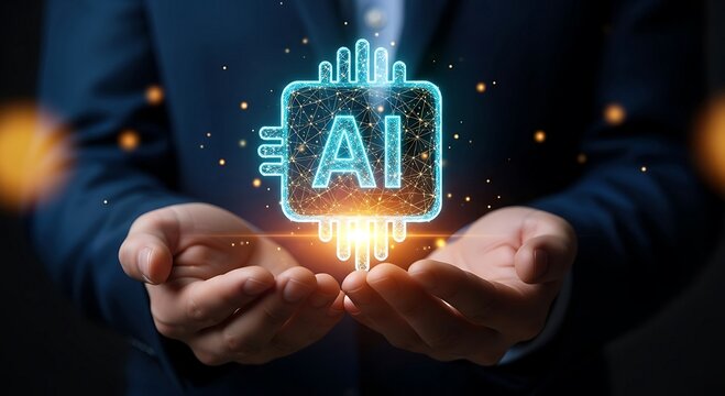 Businessman holding glowing AI chip representing artificial intelligence and future technology. - Powered by Adobe