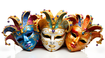 Multicolored Venetian festival masks with elaborate decorations on a light isolated background