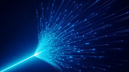blue fiber optic cable light burst representing high speed data transfer digital communication and futuristic network technology
