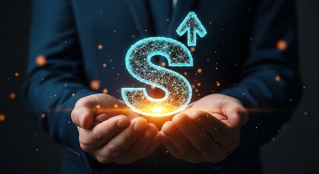 Businessman holding glowing digital dollar sign with upward arrow, symbolizing financial growth and investment success.