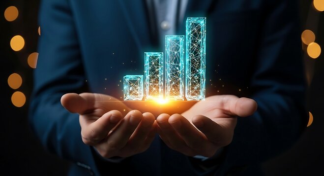 Businessman holding glowing digital bar graph representing financial growth and data analysis. - Powered by Adobe