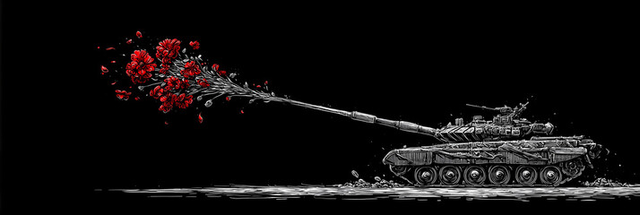 An expressive ink-doodle showing an armored tank with red flowers emerging from its cannon, symbolizing peace and resistance to war against a stark black background with copy space. Generative Ai.