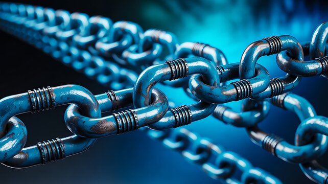 Strong blue metallic chains connecting links on glowing futuristic background symbolizing strength, security, connection, and industrial technology
 - Powered by Adobe
