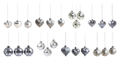 PNG Elegant silver Christmas ornaments collection., element set on transparent background