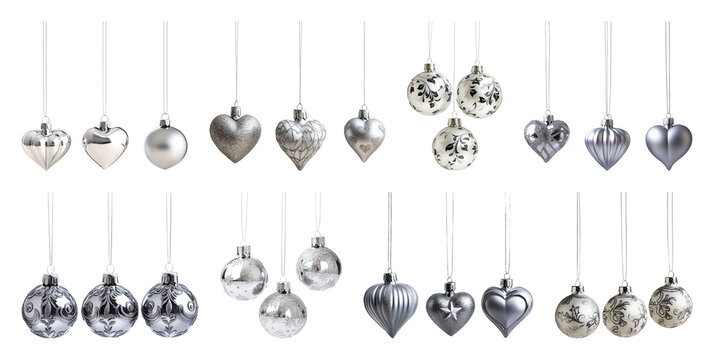 PNG Elegant silver Christmas ornaments collection., element set on transparent background - Powered by Adobe
