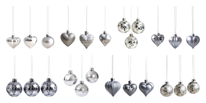 PNG Elegant silver Christmas ornaments collection., element set on transparent background