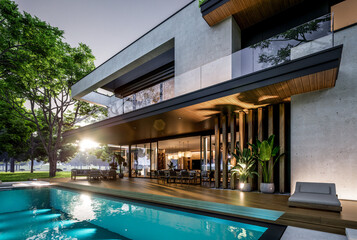 3d rendering of two-story house with parking and pool for sale or rent with concrete facade and beautiful landscaping. Clear summer evening with cozy light from window