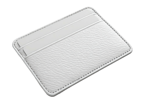White leather card holder with two slots, stitched edges on black