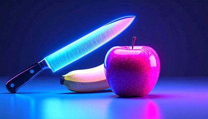 Vibrant neon-style illustration of an apple, banana, and knife, blending bold colors with modern surreal energy. Ideal for edgy food concepts, contemporary design, and striking visual themes.