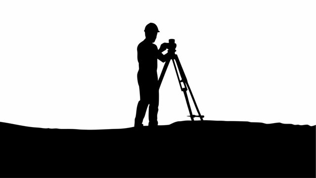 Silhouette of surveyor using surveying equipment on a terrain against a white background landscape view