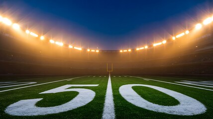 Illuminated Football Stadium Under Evening Sky Viewed from the 50 Yard Line
