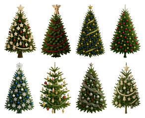 Obraz premium PNG Diverse decorated Christmas trees, element set on transparent background