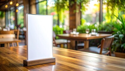 Blank white menu display stand on a rustic wooden table in a bright, inviting restaurant setting. Ideal for daily specials, promotions, or guest information in a cafe