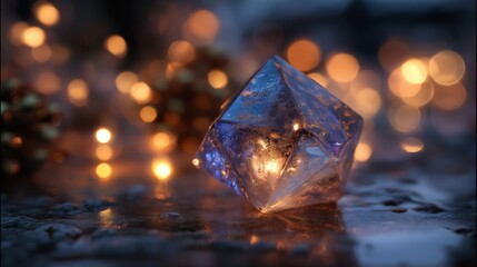 Glowing crystal polyhedron with soft bokeh lights and a mystical atmosphere.