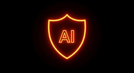 A glowing orange neon shield with the letters ai inside on a black background in a digital render