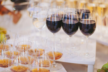 Glasses filled with red and white wine arranged on a table during a celebration at a festive gathering in a bright, cheerful venue