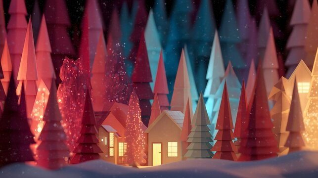 Cozy paper-style winter village with glowing houses and colorful trees in the snow. - Powered by Adobe