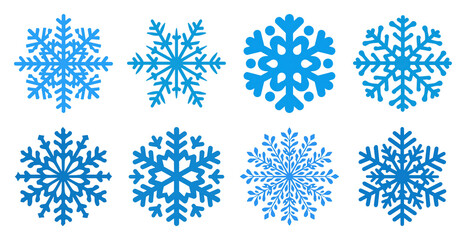 PNG Eight unique blue snowflakes design, element set on transparent background