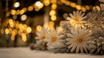 Golden Christmas decor with warm bokeh lights and frosted pinecones in a festive macro scene.