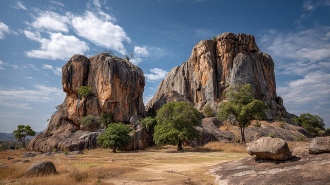 The dramatic, remote rock formations of the Matobo Hills, showing ancient cave paintings under a vast, open sky.