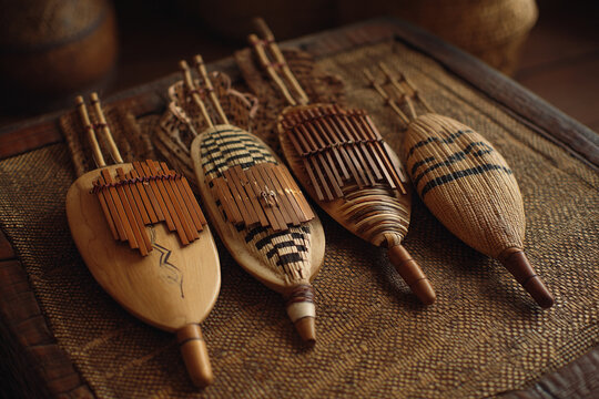 A collection of intricately crafted "mbira" (thumb piano) musical instruments, made from natural materials, resting on a woven mat.