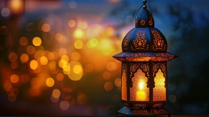 An ornate Islamic lantern glowing for Ramadan. Traditional Arabic lamp with a warm light on a festive bokeh background. Eid Mubarak celebration concept with copy space