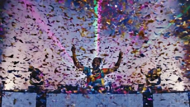 Slow-Motion Confetti Burst Behind DJ Booth with Vibrant Reflections in Smoke Haze