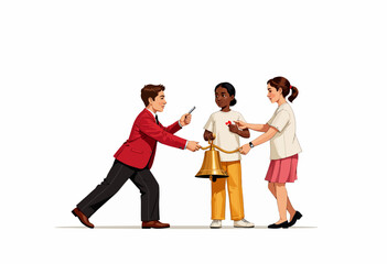 Naklejka premium A Diverse Group of Students Engaged in a School Activity Involving a Bell and a Timer with Enthusiastic Participation and Interaction