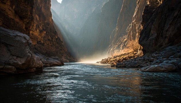 Dark canyon river with morning mist and sunlight shining through