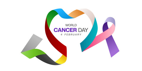 February 4 is World Cancer Day. Heart shape ribbon and colours. Suitable for posters, banners and social media. White background.