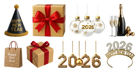 PNG Festive New Year celebration items, element set on transparent background