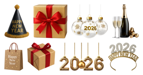 PNG Festive New Year celebration items, element set on transparent background