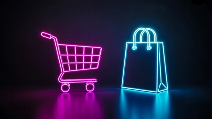 Neon Shopping Cart and Shopping Bag Icons on Dark Futuristic Background – Digital Retail Concept
