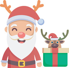Smiling Santa Claus Icon Wearing Reindeer Antlers on Hat, Standing Beside Gift Box with Mini-Hat Reindeer, Flat Christmas Graphic