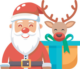 Jolly Santa Claus with Reindeer Peeking Out of Large Gift Box, Cute Christmas Duo Icon with Oversized Green Ribbon, Flat Vector