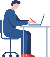 Fototapeta premium Man using laptop, typing, at desk, isolated on white, clean vector