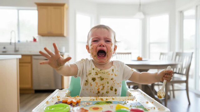 A small child covered in food passionately expresses frustration while eating in a bright kitchen. Food splatters and vivid colors showcase the chaos of mealtime