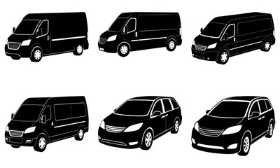 Illustration of six black vehicles including vans and minivans in a vector format design element
